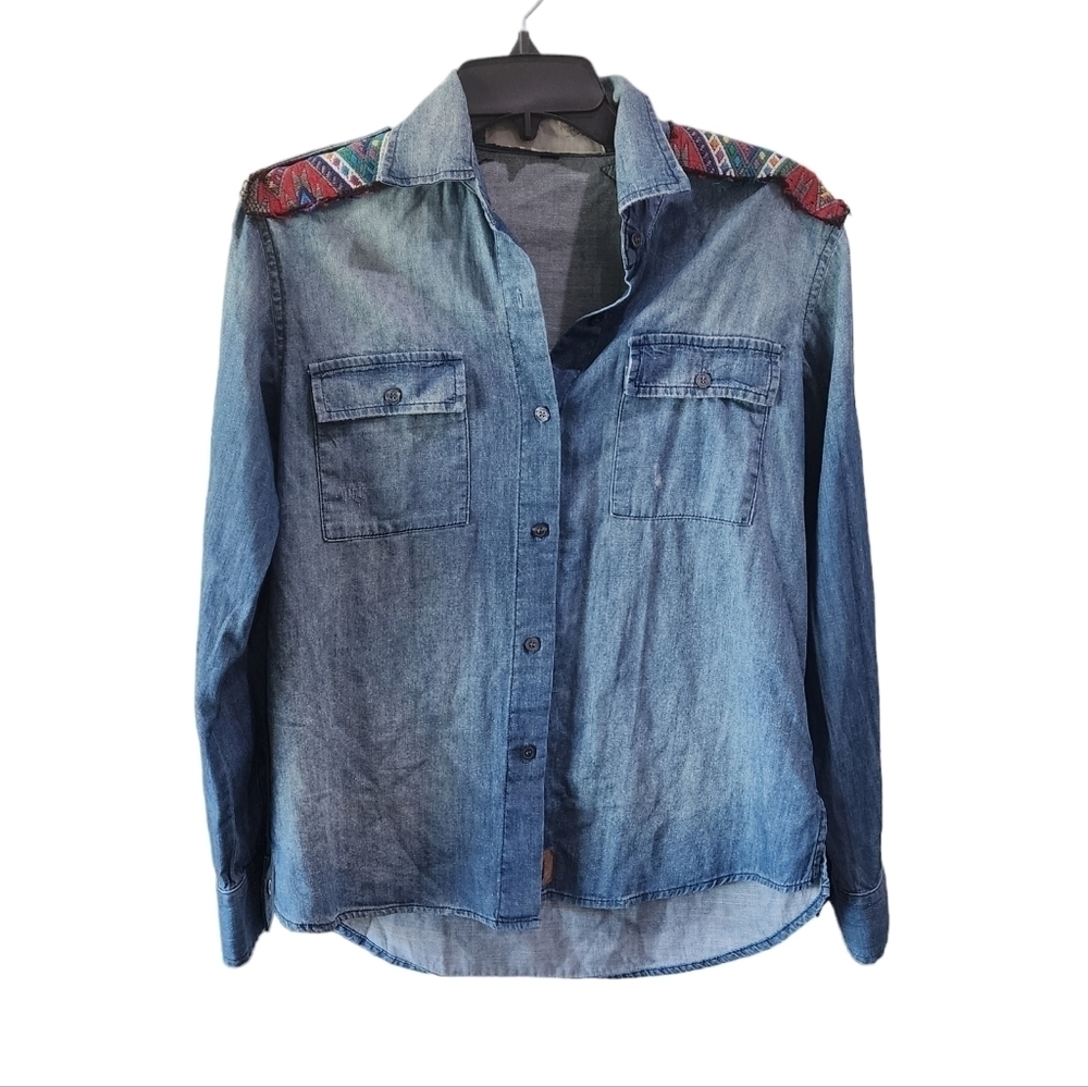 JEN'S PIRATE BOOTY Embroidered Chambray Denim Shacket Shirt Jacket